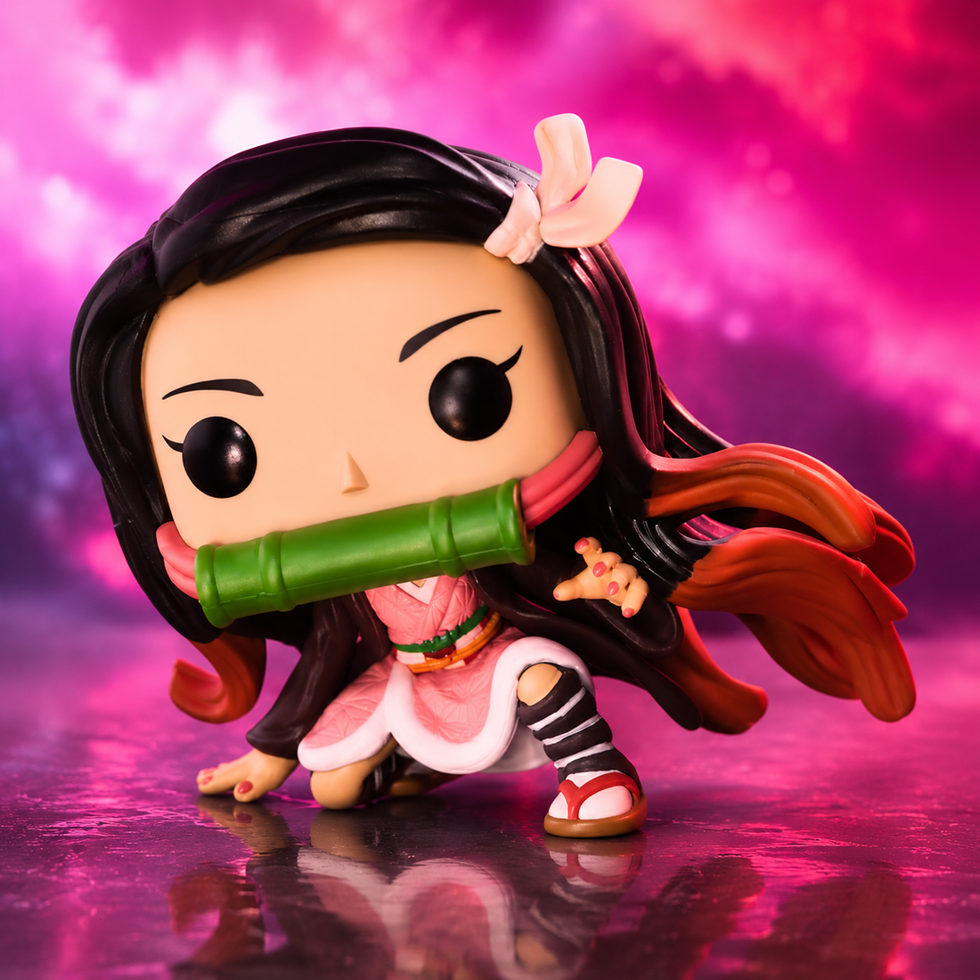 holding a green bamboo scroll to his mouth, set against a vibrant pink and purple background 