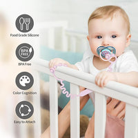 Colorful baby accessory strap set for holding pacifiers, teethers, small toys, and feeding items.