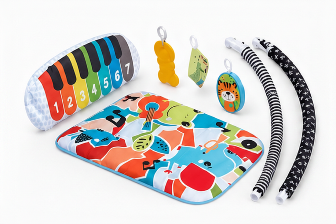 Colorful baby activity gym with dual overhead play arches