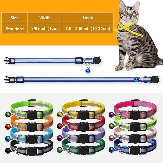 colorful cat collar set with bells and ID tags
