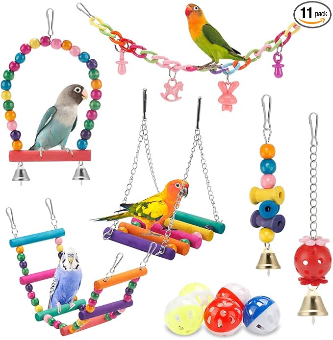 colorful parakeet bird toys set with swing and ladder