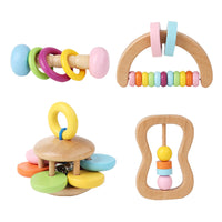 Colorful wooden baby rattle set with assorted handheld designs for infants