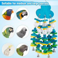 Colorful wooden bird toy detail with hanging elements
