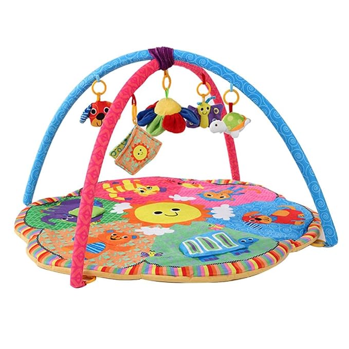 Colorful baby play gym with hanging sensory toys and padded activity mat