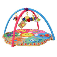 Colorful baby play gym with hanging sensory toys and padded activity mat