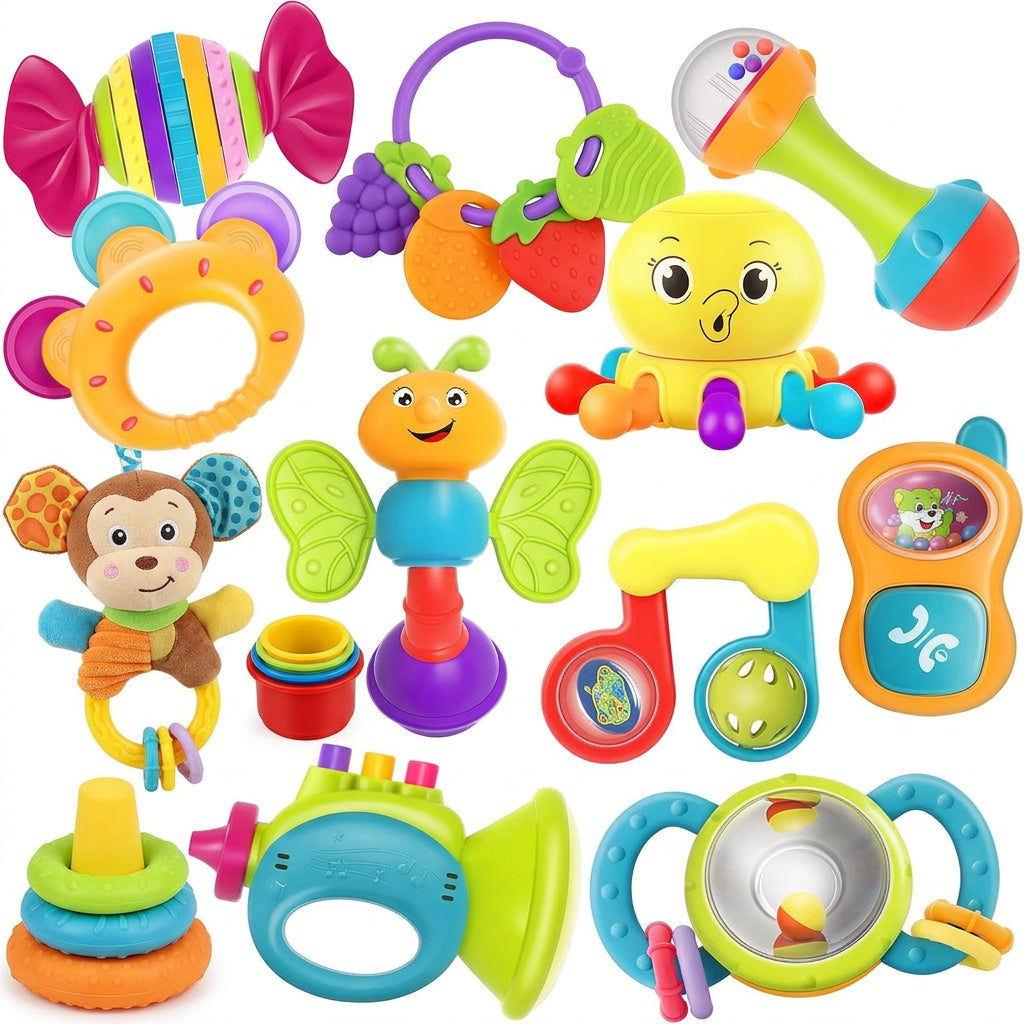 Assorted baby rattles featuring colourful butterfly, octopus, candy, trumpet and ring-shaped toys on a white background.