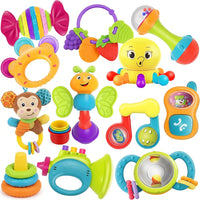 Assorted baby rattles featuring colourful butterfly, octopus, candy, trumpet and ring-shaped toys on a white background.
