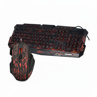 Front view of colourful backlit keyboard and wired mouse combo