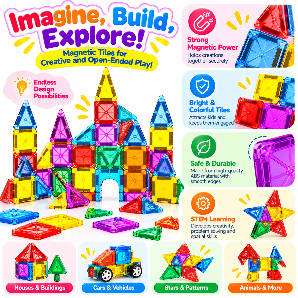 Colourful magnetic construction pieces arranged for building activities.