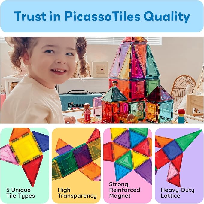 Colourful magnetic building shapes displayed in different geometric arrangements.