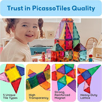 Colourful magnetic building shapes displayed in different geometric arrangements.
