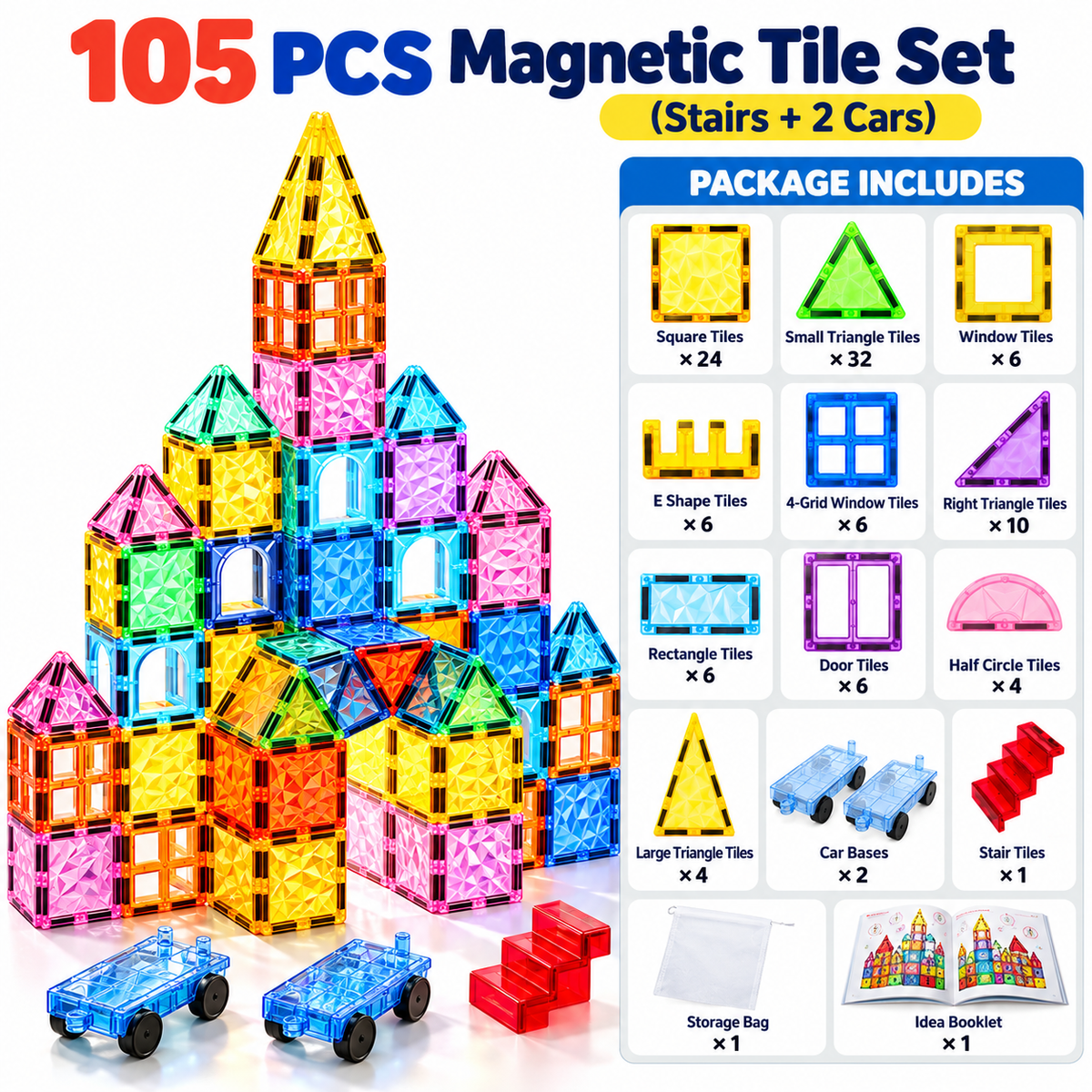 Colourful magnetic window tiles displayed for creative building activities.