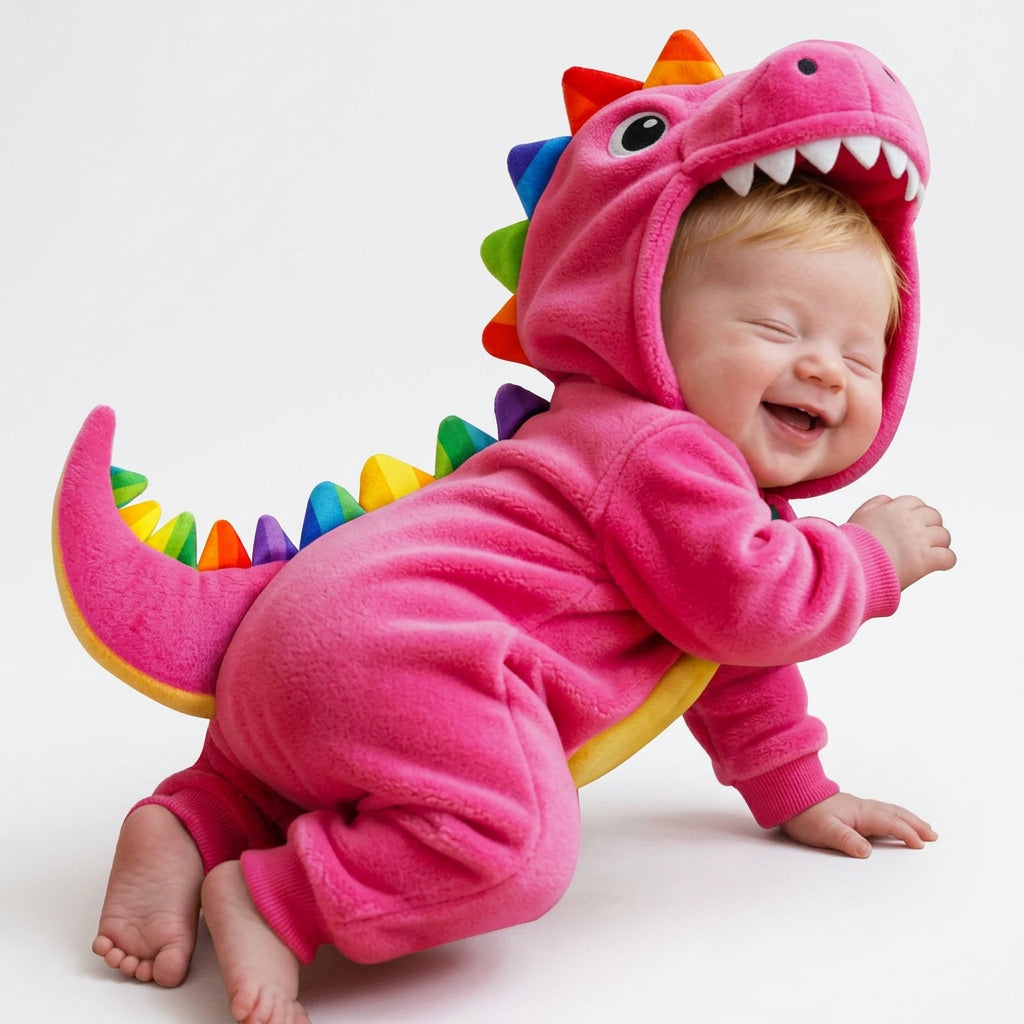 Bright teal, orange, purple and green spikes decorating the back of the romper.
