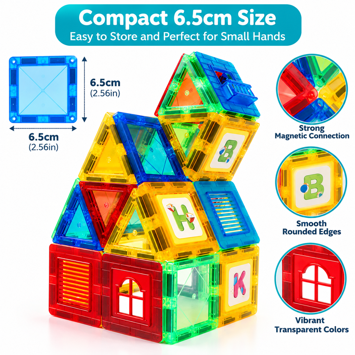 Colourful window magnetic tiles arranged as a connecting building toy set.