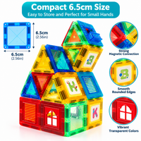 Colourful window magnetic tiles arranged as a connecting building toy set.