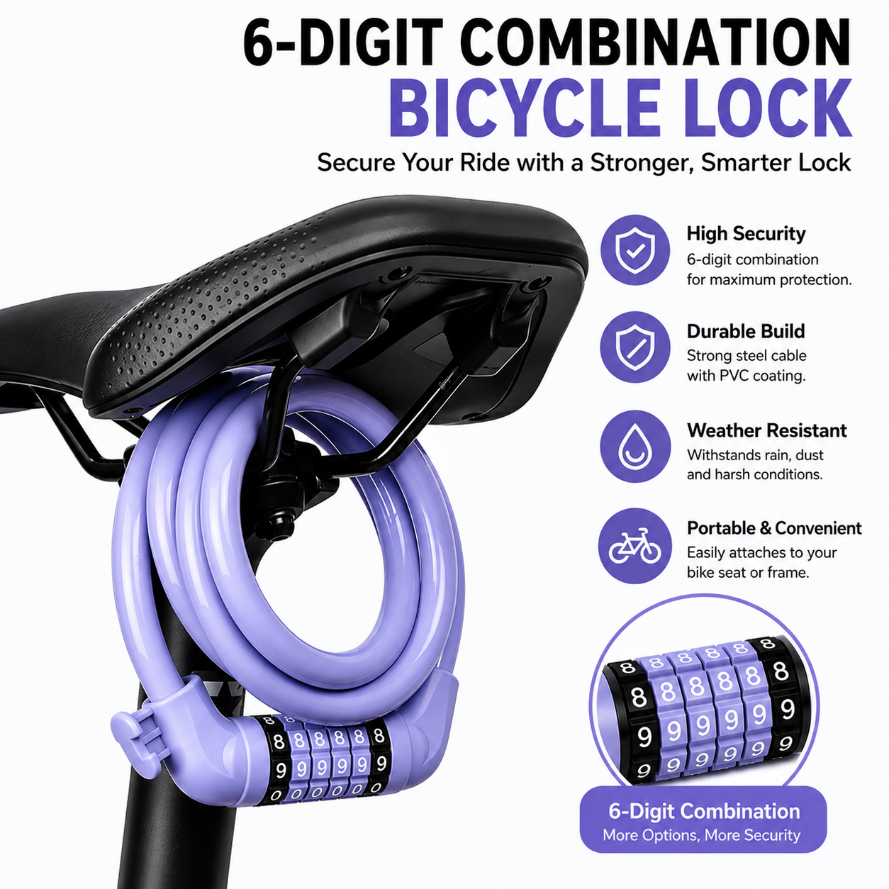 Combination bike lock with keyless 6-digit number system