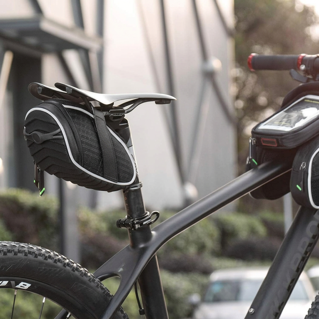 Compact bike saddle pack for carrying repair kit and accessories