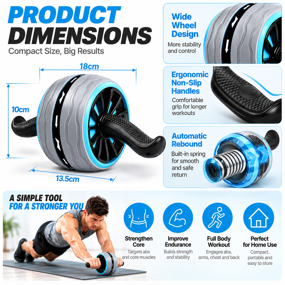 Compact core training roller suitable for storage in a home fitness space.