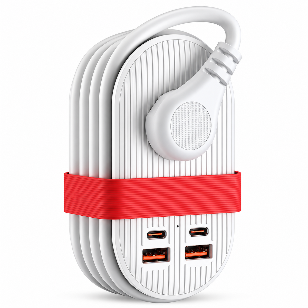 Purple desktop charging accessory displayed beside compatible electronics.
