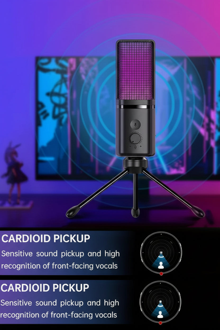 Compact dynamic microphone with desktop stand and modern design