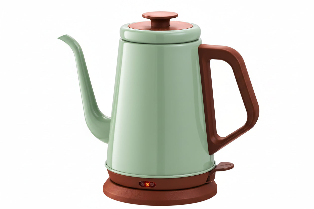 Compact green electric kettle for kitchen countertop use