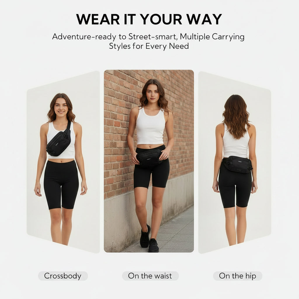 Compact fanny pack for travel, hiking, walking, and daily outings