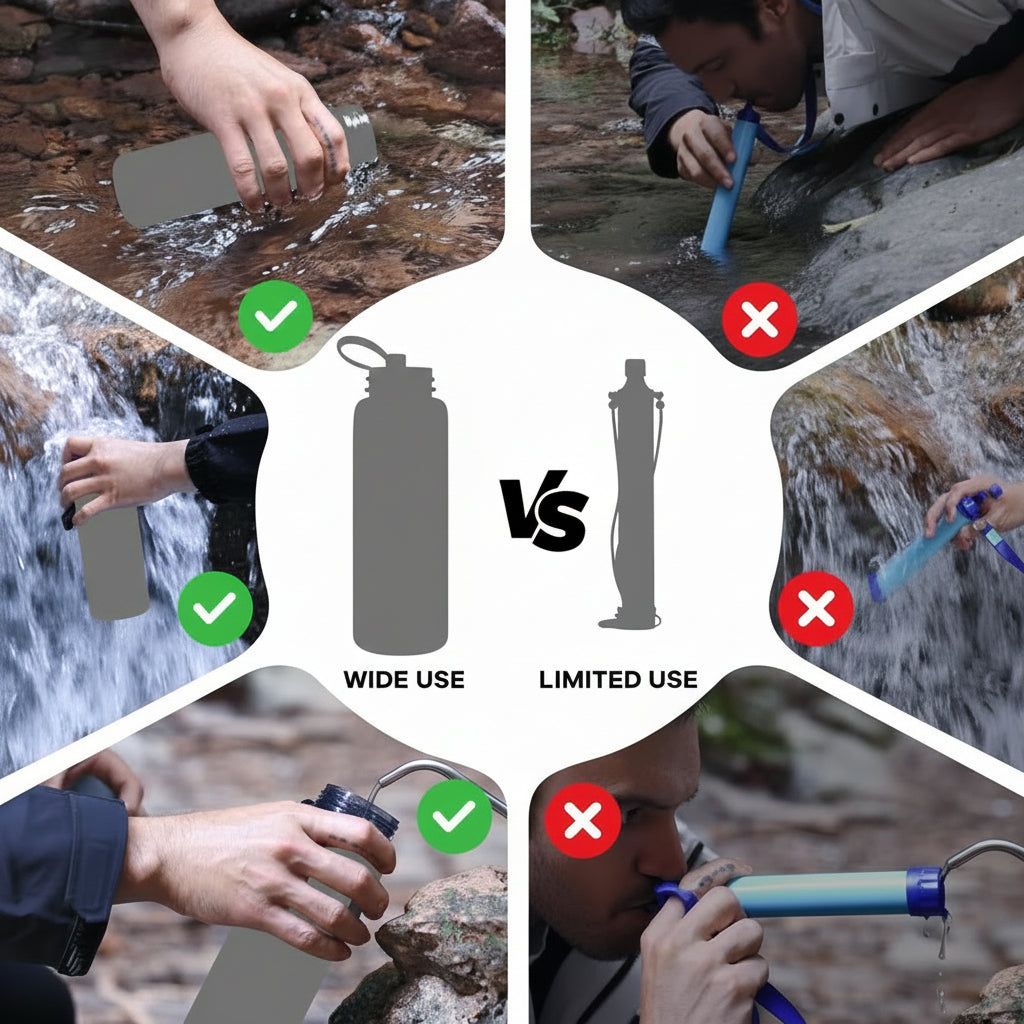 Compact filter water bottle for backpack and travel bag storage