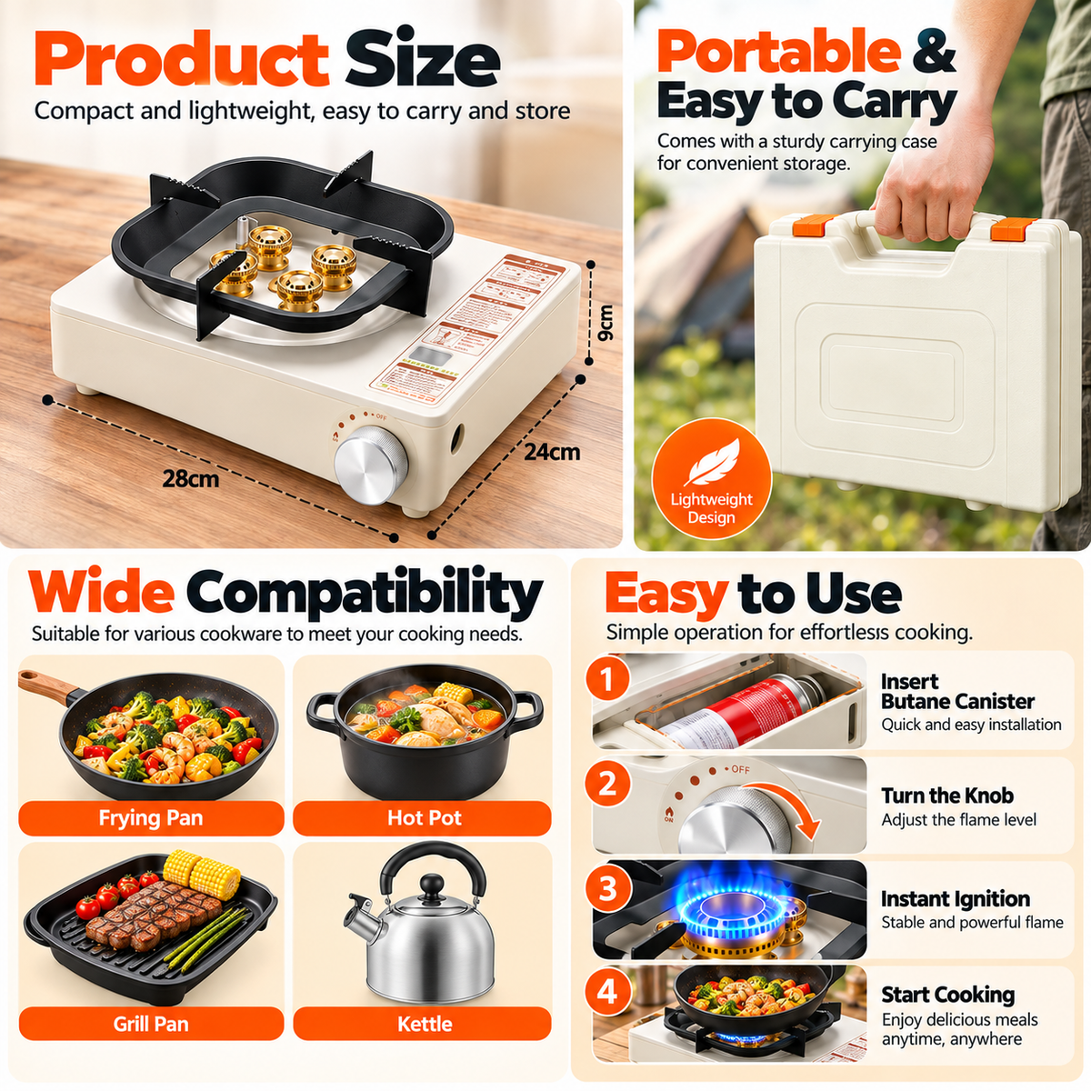 Side profile of a compact portable gas stove for outdoor cooking.