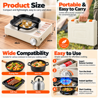 Side profile of a compact portable gas stove for outdoor cooking.