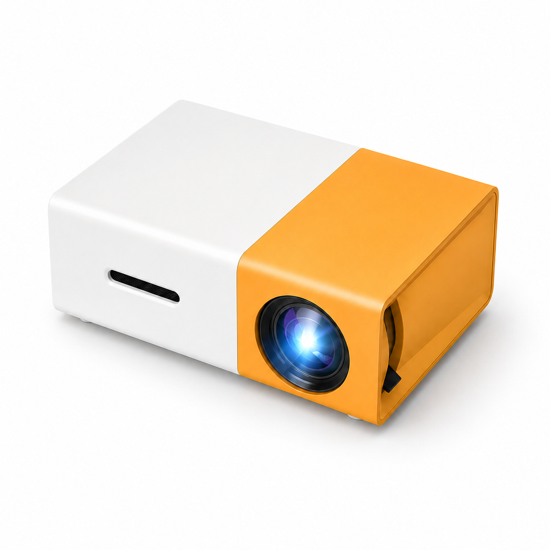 Compact white and yellow mini projector with front lens on a clean white background for home entertainment setup.