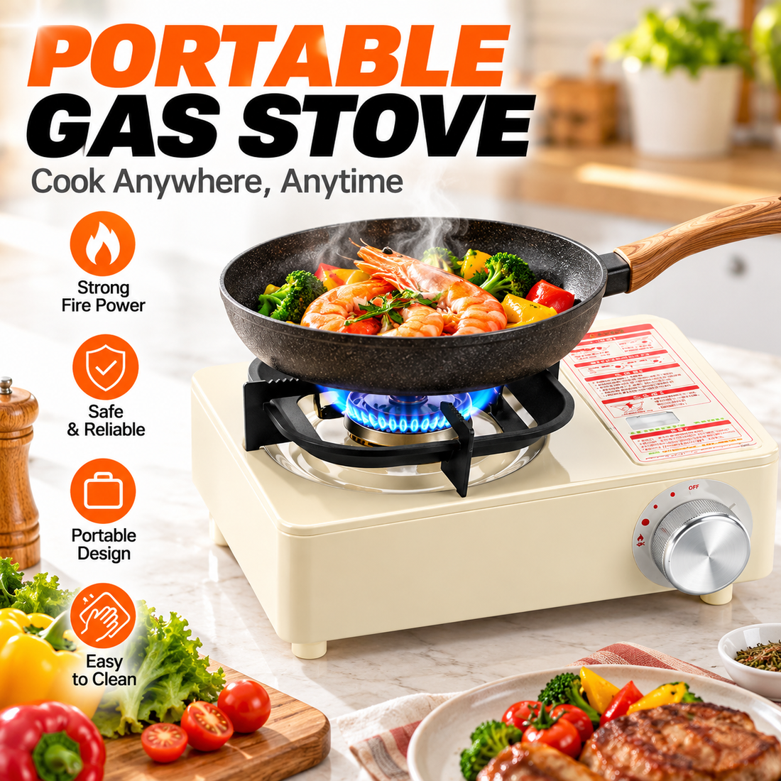 Compact gas cooking appliance displayed for camping and picnic meal preparation.