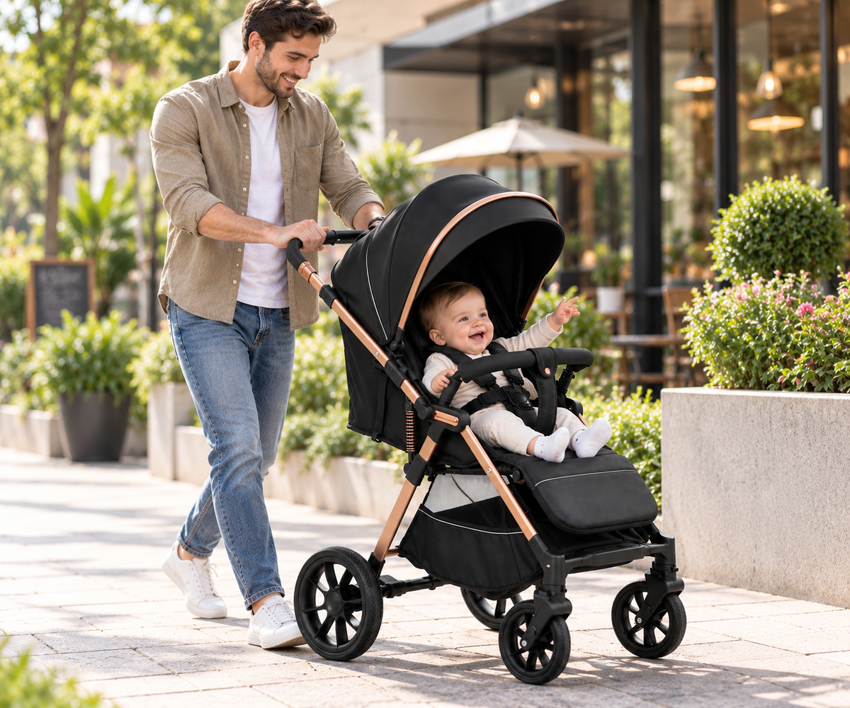 Compact folding baby pushchair with four wheel frame and footrest