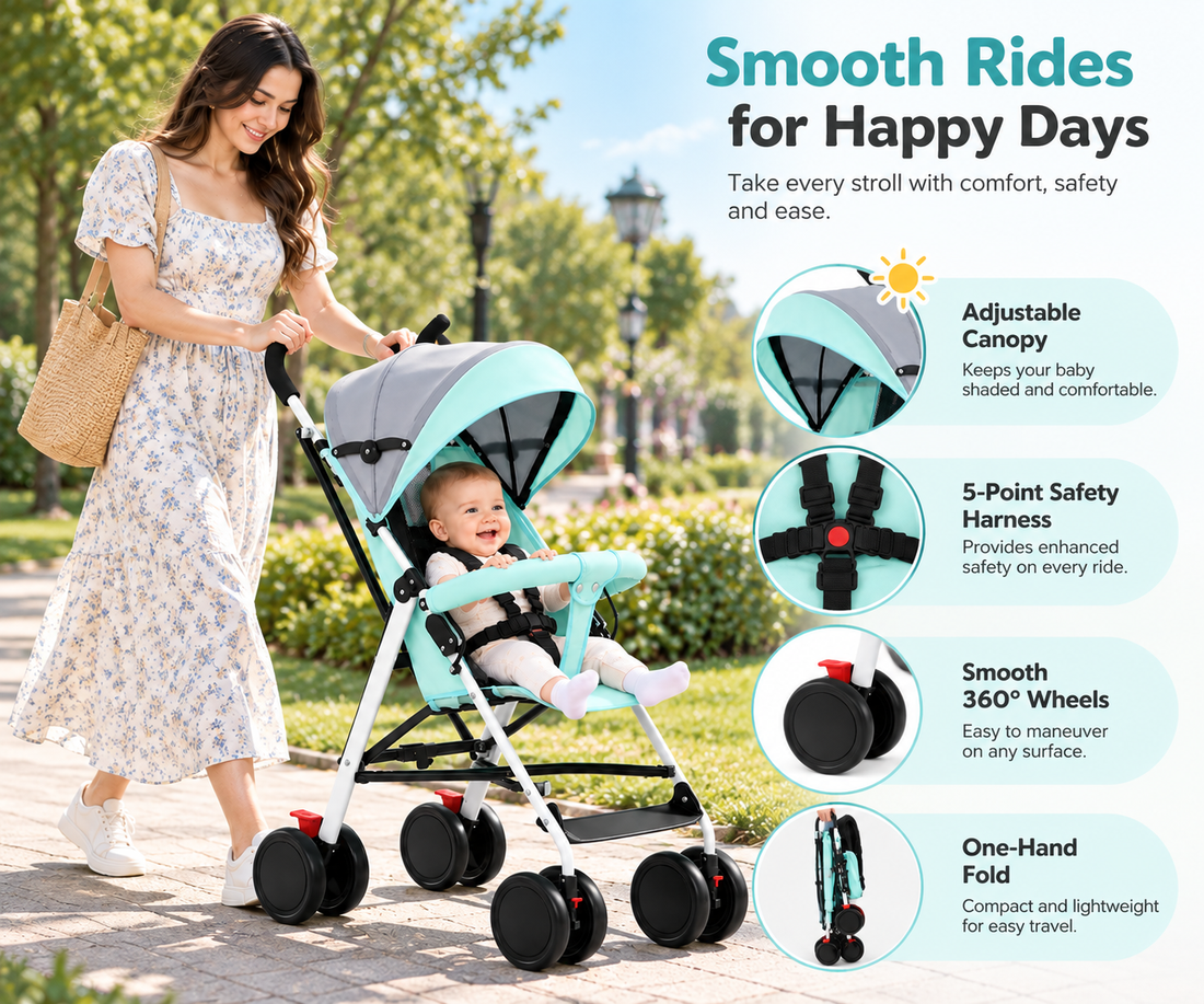 Compact infant travel pushchair with dual handles and protective overhead canopy