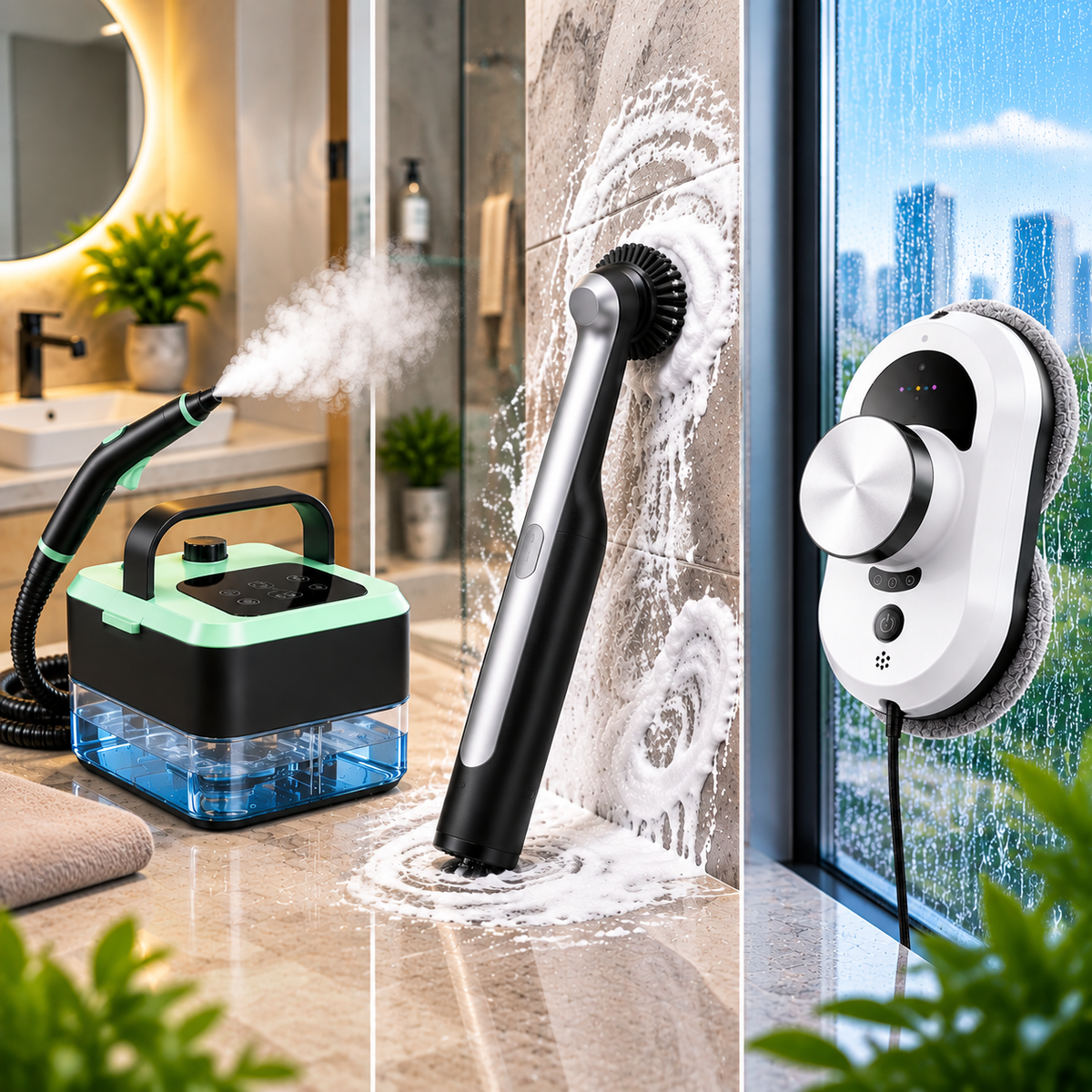 Complete home cleaning bundle with steam cleaner, electric brush and window cleaning device