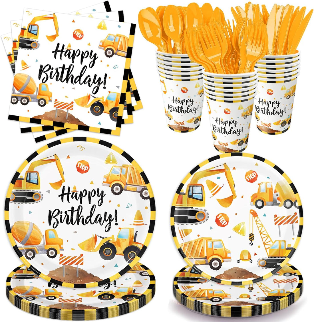 Construction birthday party supplies set with plates cups napkins and cutlery