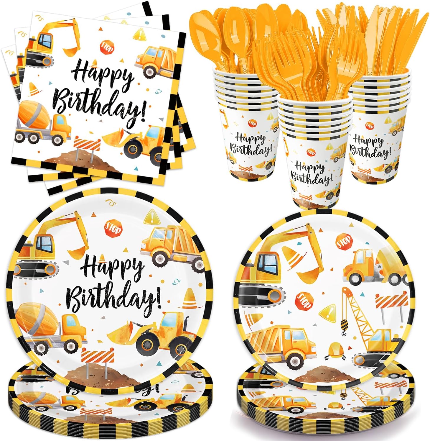Construction birthday party supplies set with plates cups napkins and cutlery
