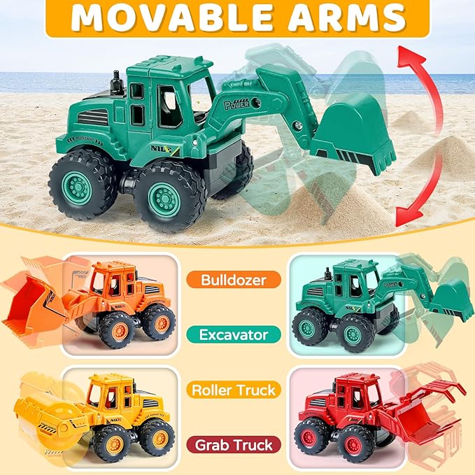 Construction vehicle toy set with excavator, bulldozer and road roller