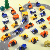 Construction vehicles with pull-back mechanism for interactive play