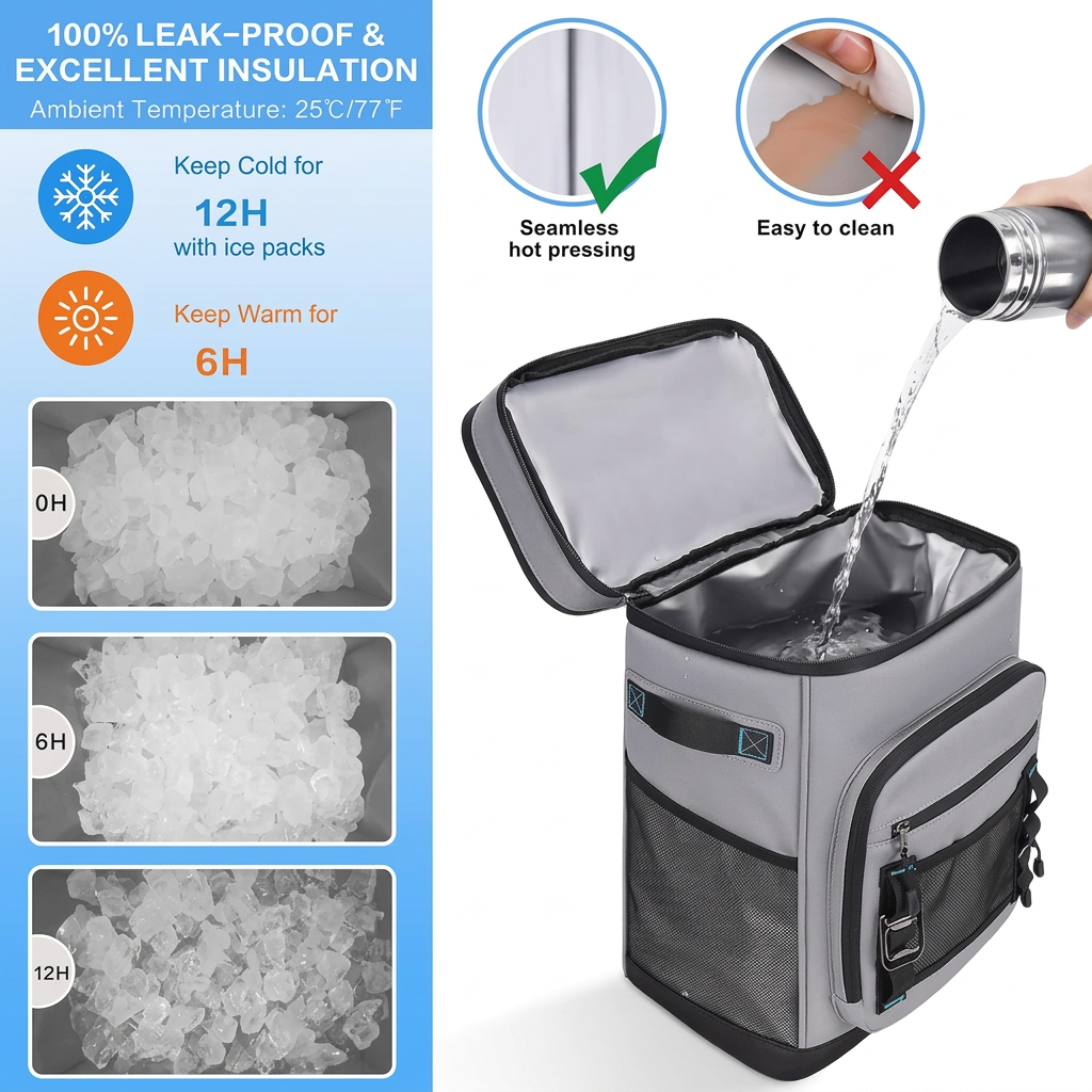 Spacious main compartment of cooler backpack for snacks and beverages