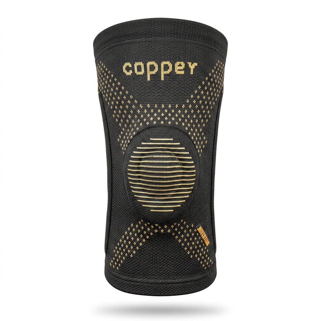 Front view of copper knee braces 2 pack with side stabilizers for arthritis, ACL, MCL, and joint pain support