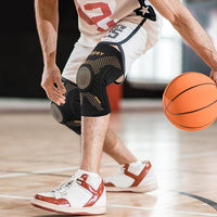Close-up of copper knee brace showing breathable material, side stabilizers, and ergonomic design