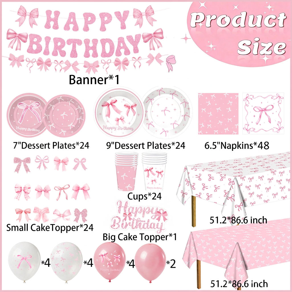Coquette theme birthday party supplies, pink bow design for girls