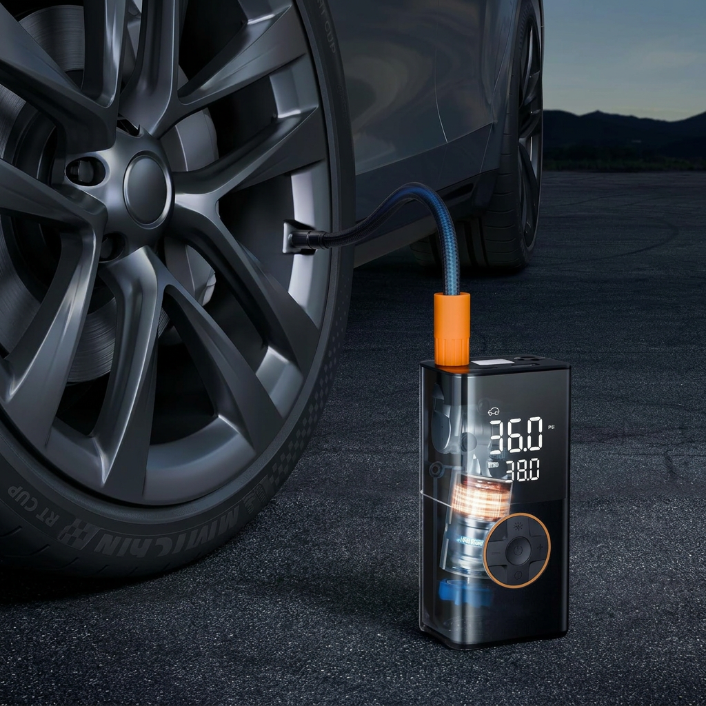 Cordless tyre inflator being used to inflate car tyre