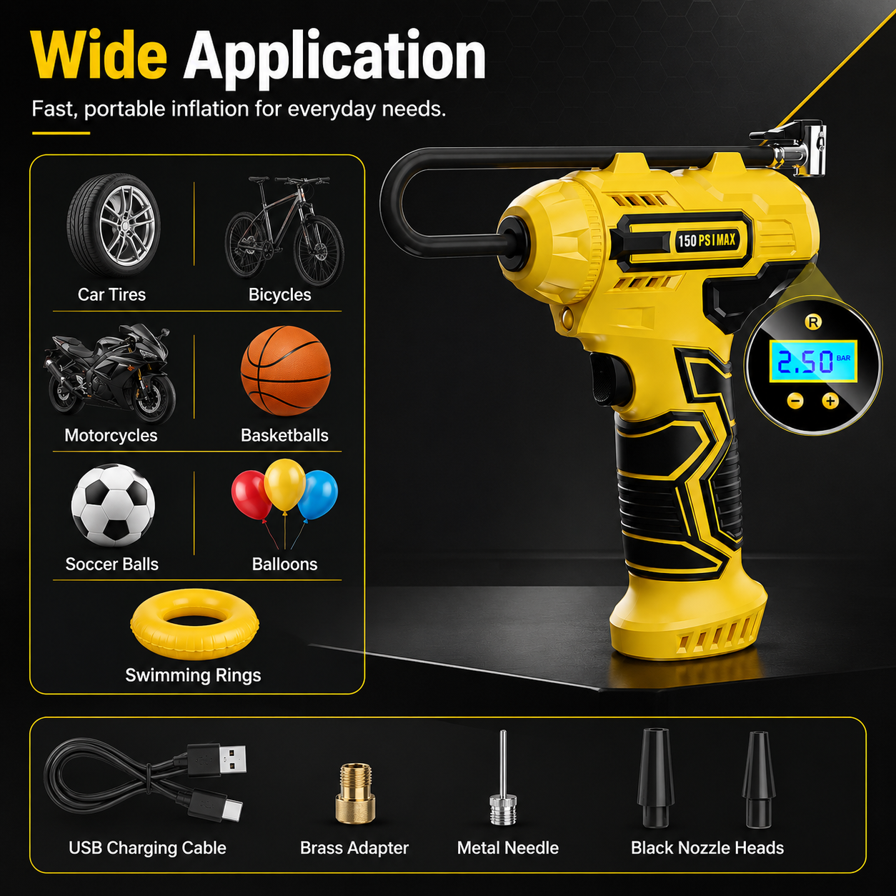 Cordless Car Tire Pump With LED Light For Night Use