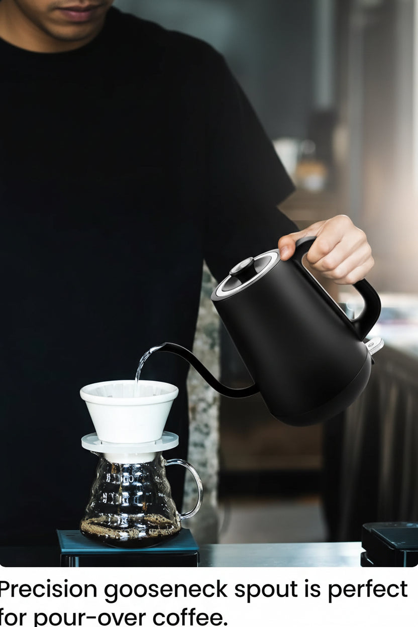 Cordless gooseneck electric kettle placed on its power base
