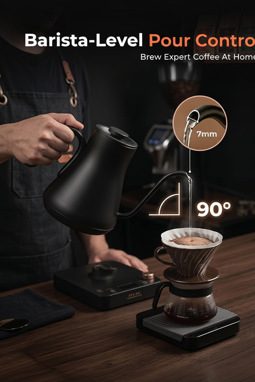 Cordless black gooseneck kettle positioned on its power base