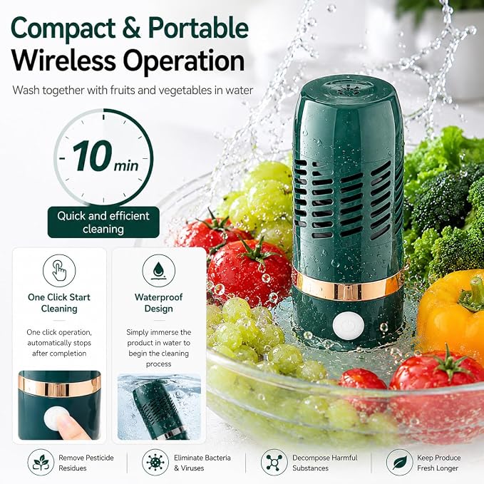 Cordless green produce washer with compact rechargeable design