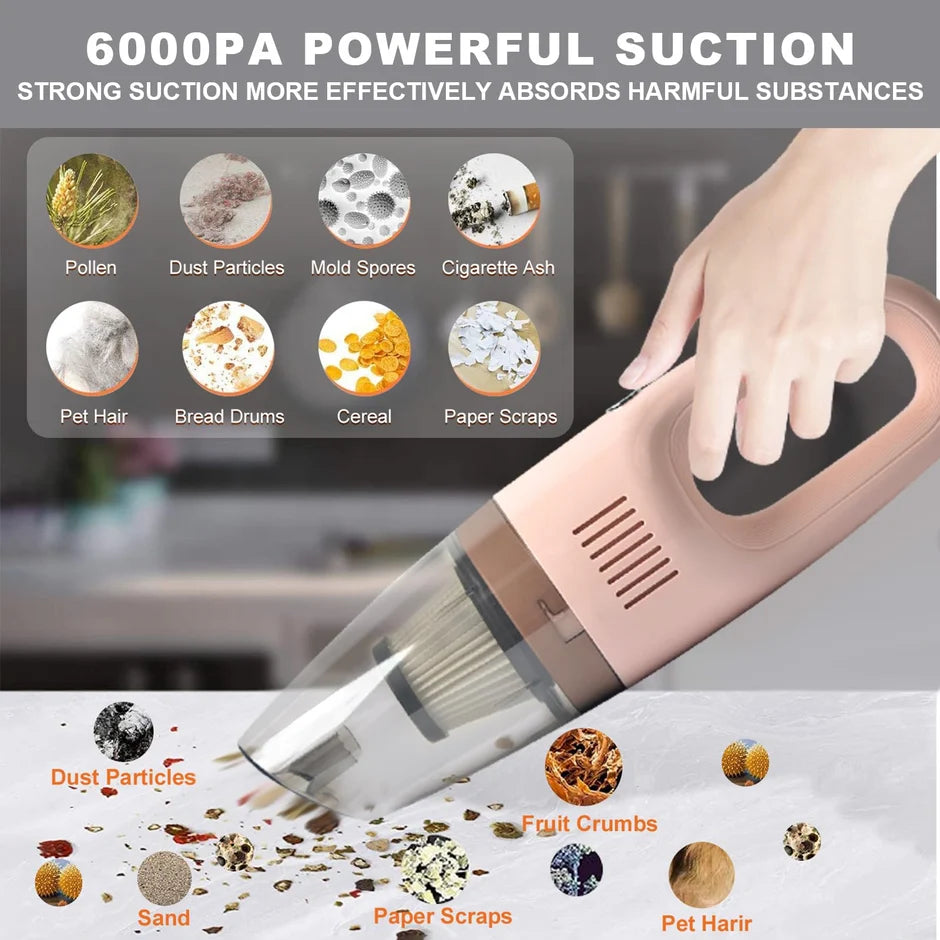 Cordless handheld vacuum collecting debris from a car seat