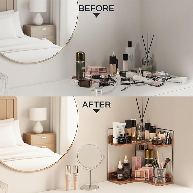 Corner shelf organizer for skincare makeup and daily essentials