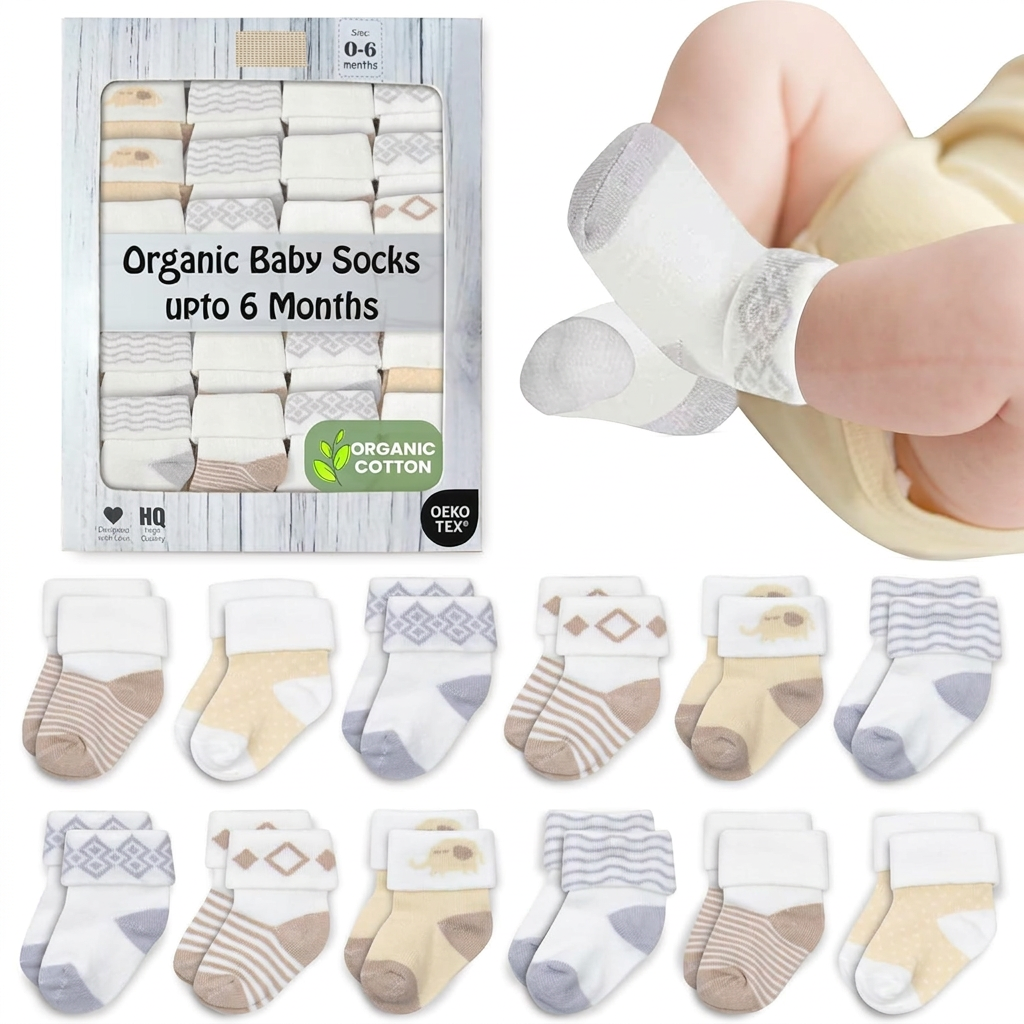 12 pairs of soft cotton baby socks for infants 0-6 months